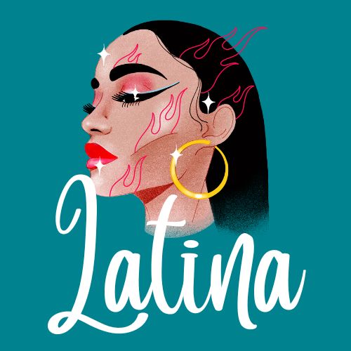 "Writing diverse Latin American characters" A teal square with a drawing of a brown-skinned woman decorated with make up, a hoop earring, and stylized pink flames lineart. The word "Latina" is written in bold white font.