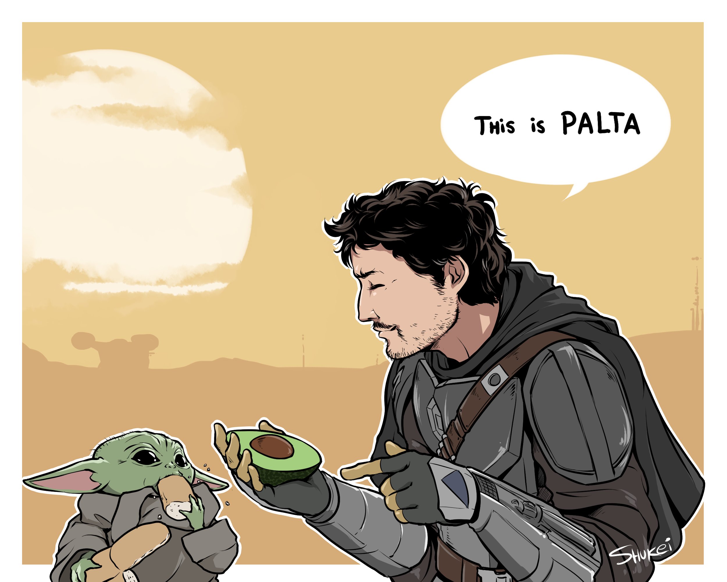 "Writing diverse Latin American characters". A fanart of Pedro Pascal as the Mandalorian by ShukeiArt (Twitter). Grogu eats a marraqueta, a Chilean type of bread, while Din Djarin teaches him about palta (avocado).