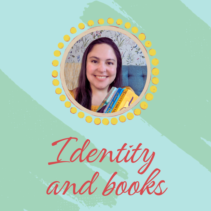 green background, with a photo of leonor in a yellow frame. The words "identity and books" are visible in red.