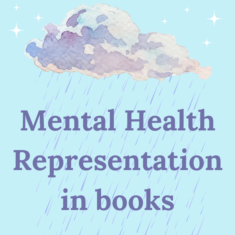 A light blue square with an illustrated cloud and rain, with the text "mental health representation in books" in purple.