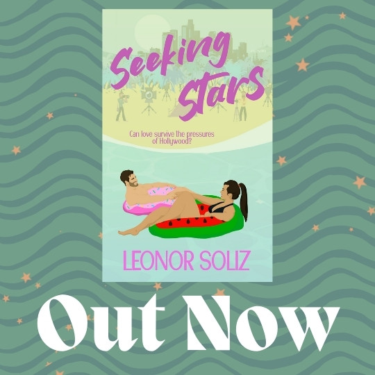 Promo image with a light mossy green background and a pattern in a darker shade for texture, plus light orange stars. On top of that, the cover Seeking Stars, with the title "out now".