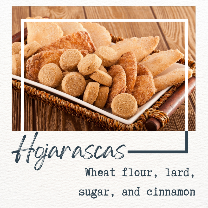picture of hojarascas cookies plus basic ingredients: wheat flour, lard, cinnamon, and sugar