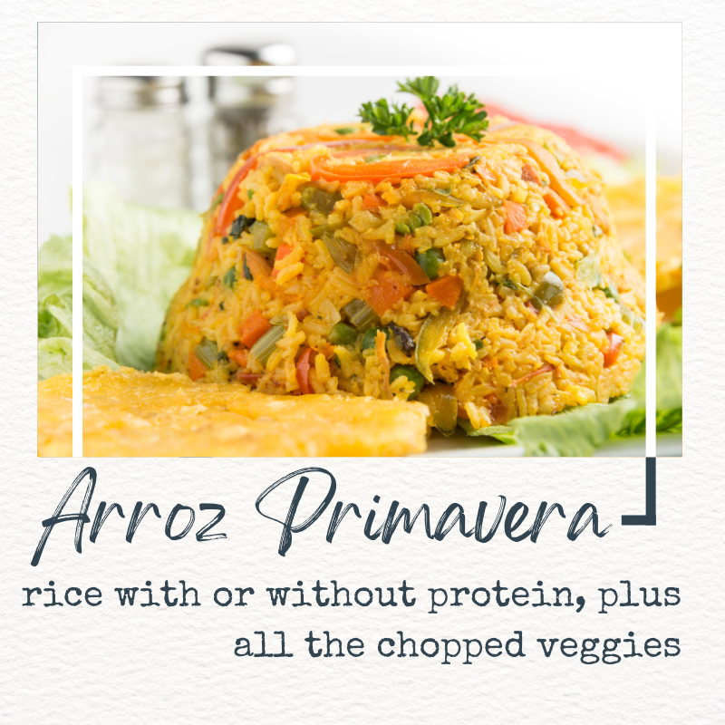 picture of arroz primavera + basic ingredients: rice with or without protein, plus multiple chopped veggies