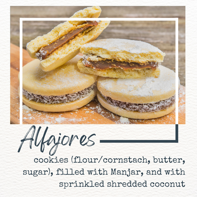 picture of alfajores + basic ingredient list: cookies (flour/cornstarch, butter, sugar), filled with manjar, and with sprinkled shredded coconut