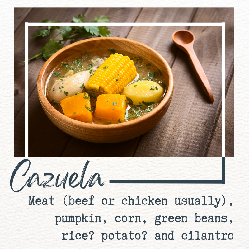 picture of cazuela + ingredients: meat, pumpkin, corn green beans, and potato
