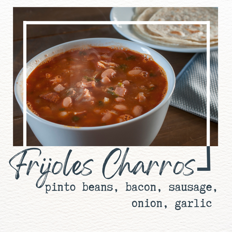 picture of frijoles charros + basic ingredients: pinto beans, bacon, sausage, onion, garlic