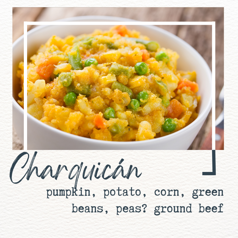 picture of charquicán + basic ingredients: pumpkin, potato, corn, green beans, ground beef