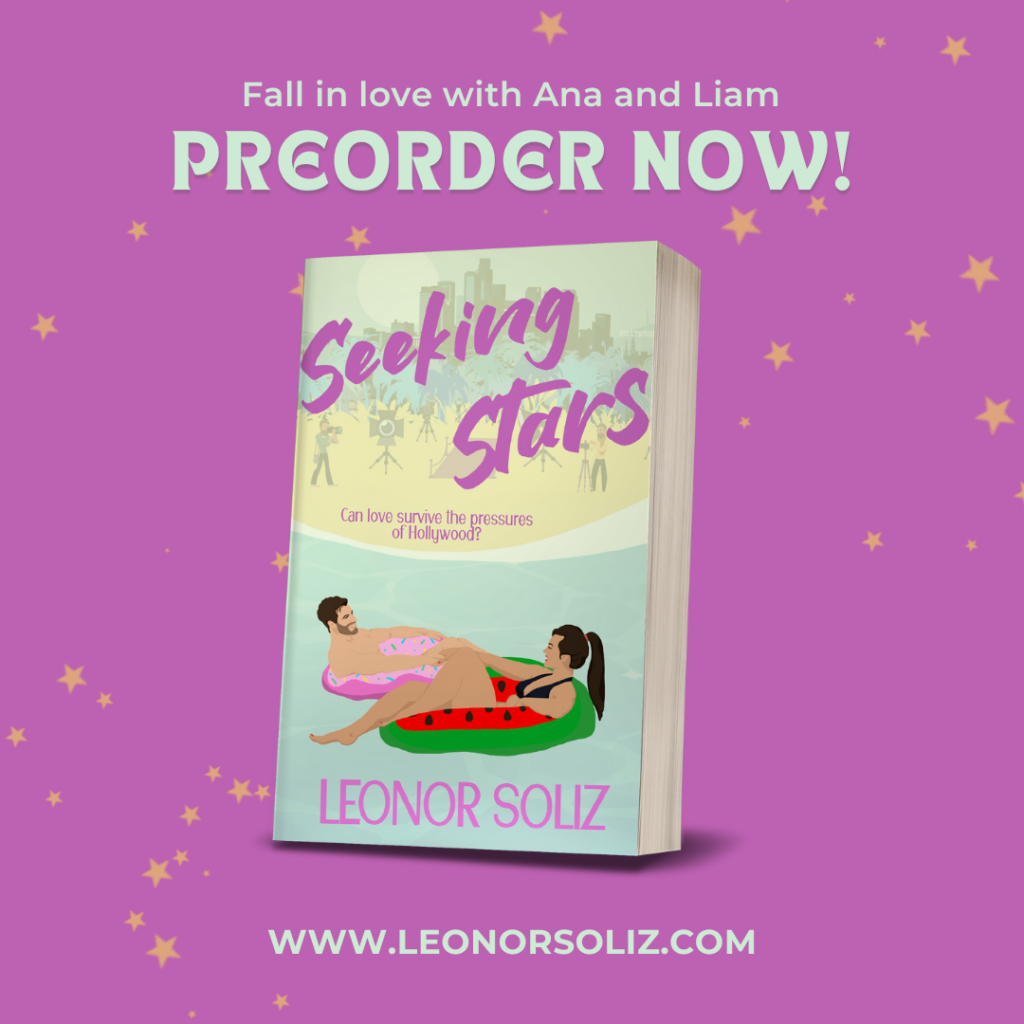 Promotional image in pink, with yellow stars and a photo of the book at the center. Fonts are mint color and read: Fall in love with Ana and Liam. Preorder now! and the website url at the bottom.