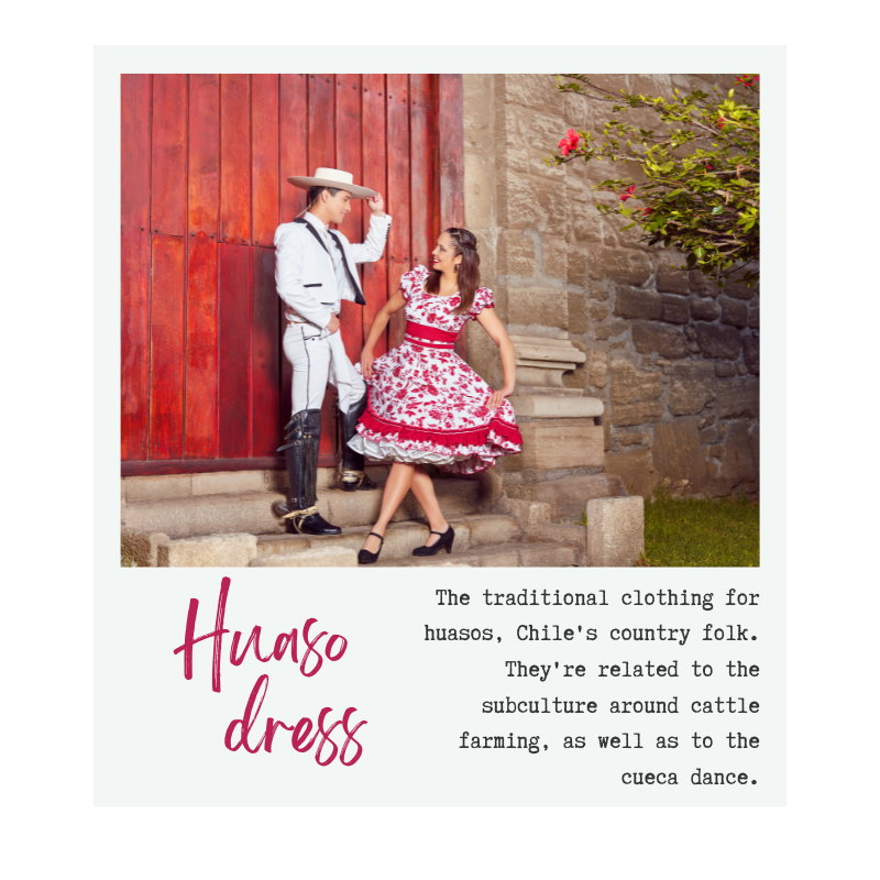 A picture of a man and a woman dressed in typical clothes for dancing cueca. The text says "The traditional clothing for huasos, Chile's country folk. They're related to the subculture around cattle farming, as well as to the cueca dance."