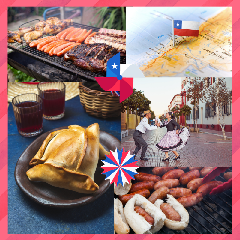 How my identities shape my books: A collage of five photos, including traditional Chilean barbecue, a map of Chile with the Chilean flag, a marraqueta bread on a table with two glasses of red wine, a couple dancing in the street, and several chorizos and choripanes on a grill.