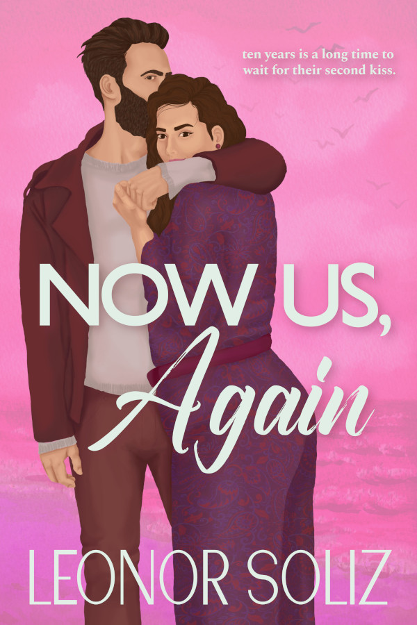 Cover for "Now Us, Again". The couple embraces; she looks at the camera and he has his nose in her hair. The illustration is in shades of pink, purples, and burgundy, with the title and author name in big white font.