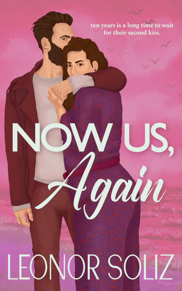 Cover for "Now Us, Again". The couple embraces; she looks at the camera and he has his nose in her hair. The illustration is in shades of pink, purples, and burgundy, with the title and author name in big white font.