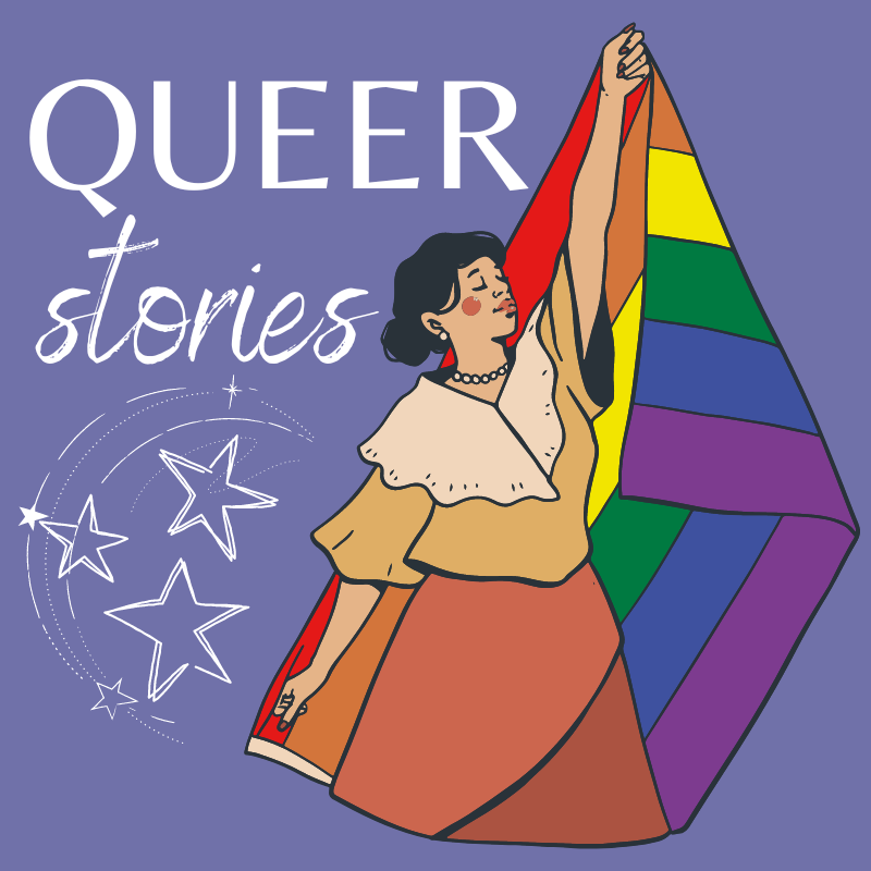 What makes a story queer? A picture with a purple background, and an illustration of a Latina woman holding a Pride flag, with the text "Queer stories" in white.