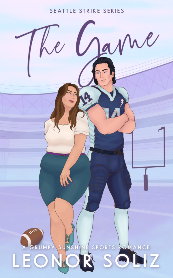 Cover for THE GAME. The palette is lavender and teal. They look at each other with a smirk and flirting eyes. His arms are crosed and he wears a team uniform for American Football. An American Football is on the ground near them.