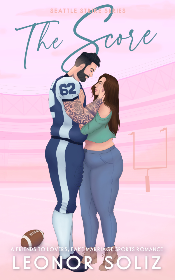 cover for The Score book. Background in light pink and coral, with the MCs at the forefront. He wears a blue football uniform and cradles her head. She wears jeans and a green crop top. They look at each other adoringly. They are both plus size.