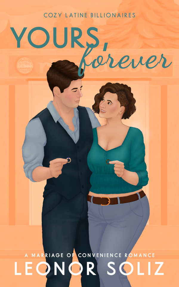 Book cover. Orange and teal palette. The couple has one of their arms around each other's back, while each holds a wedding ring for the other with their free hand. They look at each other's eyes and smile. She wears casual clothes and has short, curly hair with a shaved side; he wears dark navy dress pants and waistcoat.
