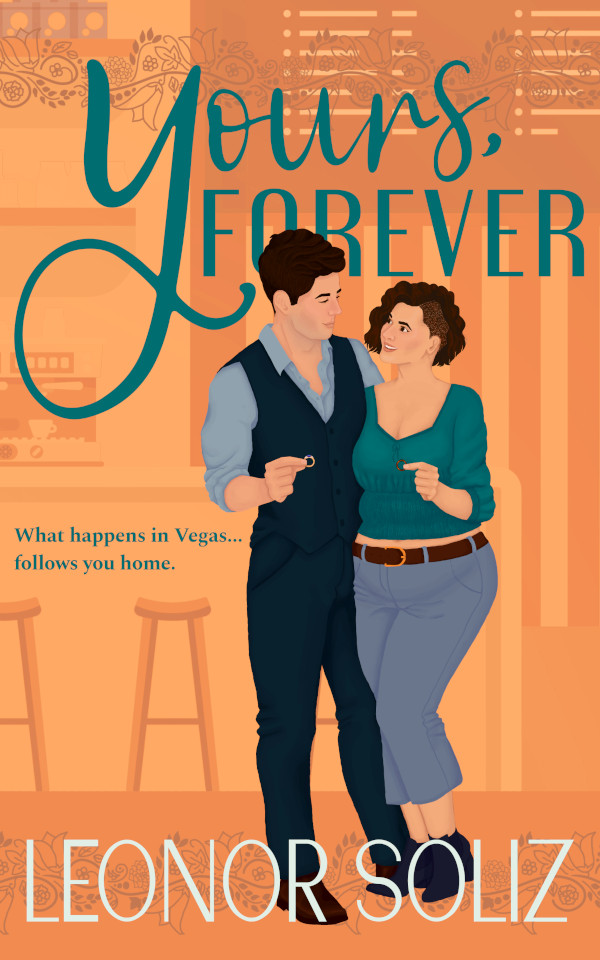 Book cover. Orange and teal palette. The couple has one of their arms around each other's back, while each holds a wedding ring for the other with their free hand. They look at each other's eyes and smile. She wears casual clothes and has short, curly hair with a shaved side; he wears dark navy dress pants and waistcoat.